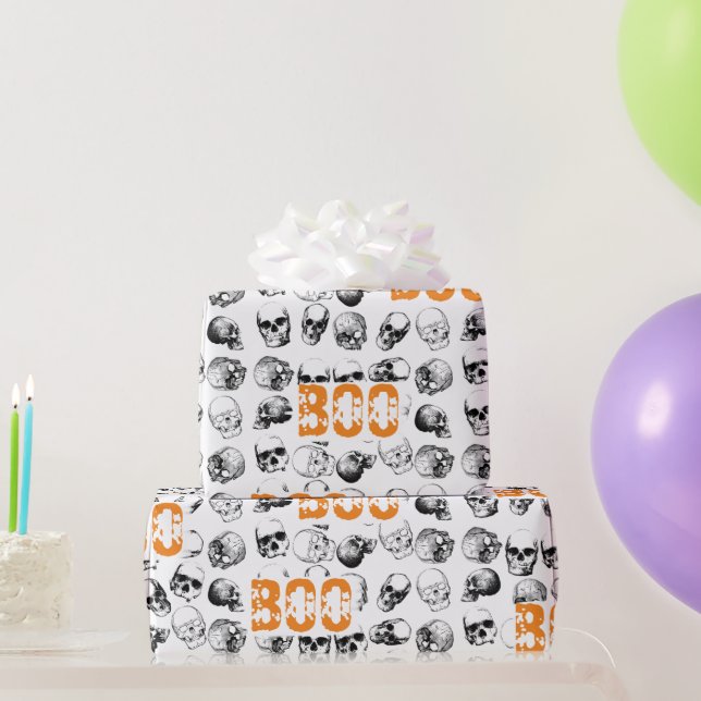 Orange Boo Halloween Spooky Skull Pattern  Wrapping Paper (Party Gifts)