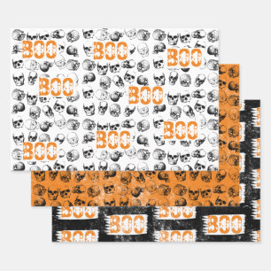 Orange Boo Halloween Spooky Skull Pattern Wrapping Paper Sheet