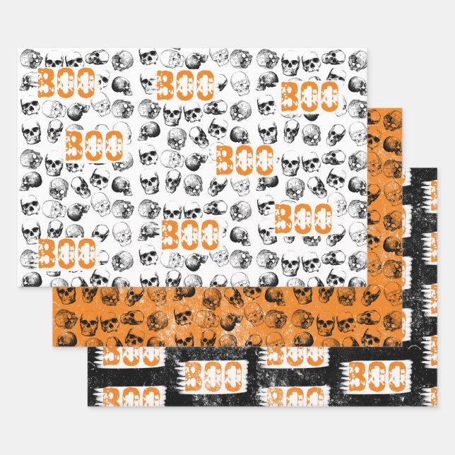 Orange Boo Halloween Spooky Skull Pattern Wrapping Paper Sheet (Set)