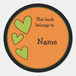 Orange bookplate with green hearts classic round sticker