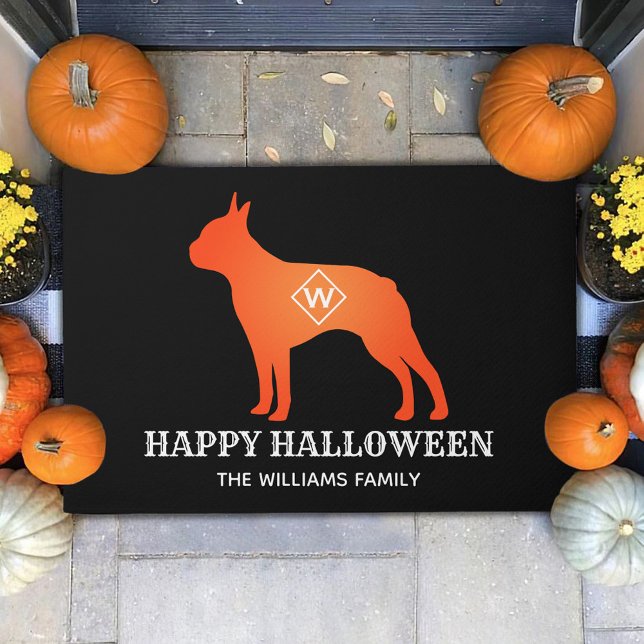 Orange Boston Terrier Happy Halloween Family Name Doormat (Creator Uploaded)