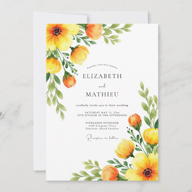 Orange Botanical Blossom Wedding Invitation (Front)