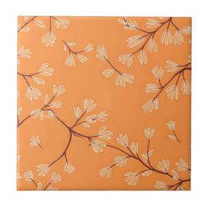 Orange Botanical Pattern White Hand Drawn Branches Tile