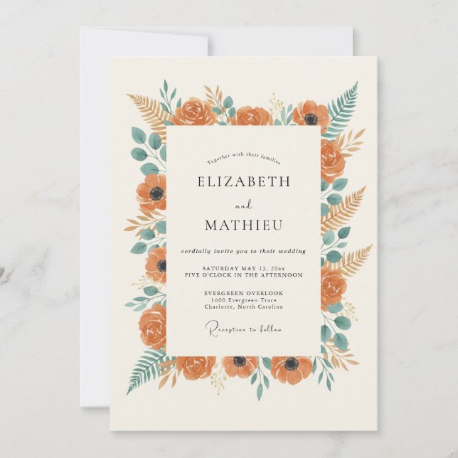 Orange Botanical Rustic Wedding Invitation (Front)