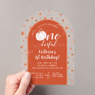 ORANGE BOW & ARCH FALL PUMPKIN FLOWERS BIRTHDAY ACRYLIC INVITATIONS
