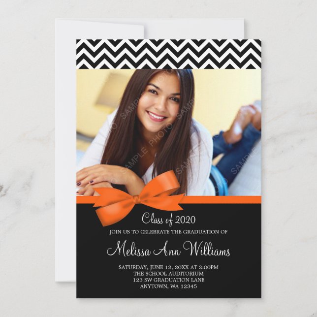 Orange Bow Chevron Photo Graduation Announcement (Front)