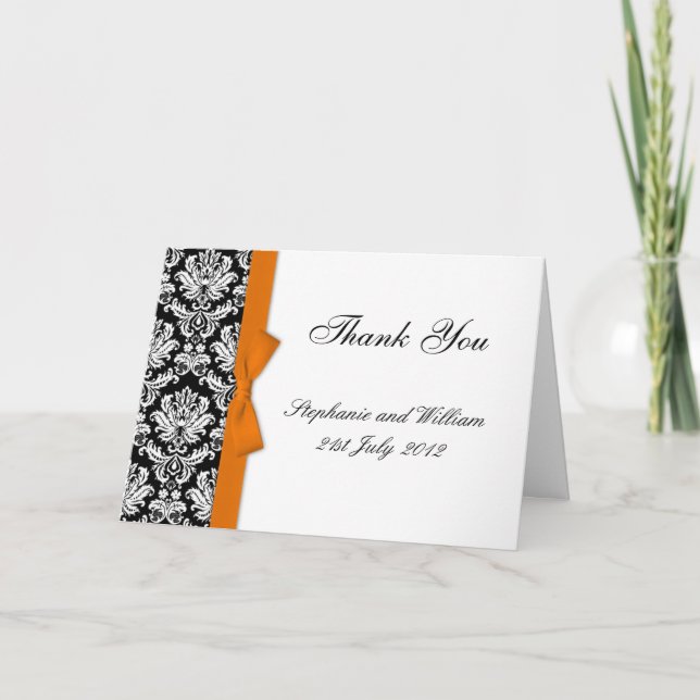Orange Bow Damask Wedding Thank You Cards (Front)