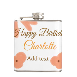 Orange bow flower pastel watercolor birthday name hip flask