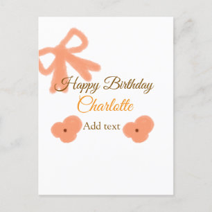 Orange bow flower pastel watercolor birthday name postcard