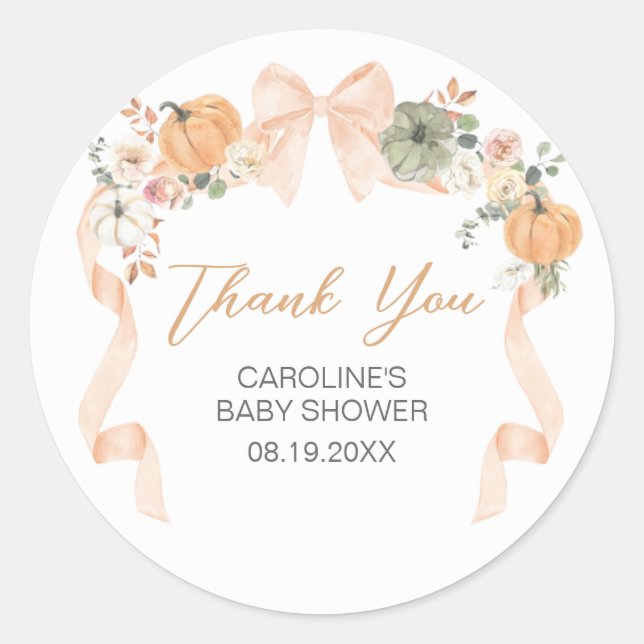 Orange Bow Pumpkin Baby Shower Classic Round Sticker (Front)