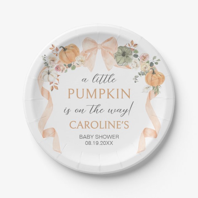 Orange Bow Pumpkin Baby Shower Paper Plate (Front)