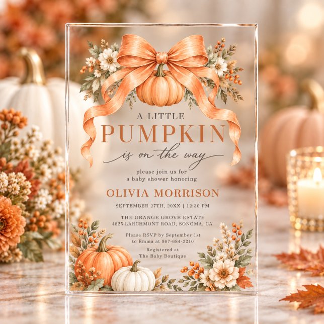 Orange Bow Pumpkin Fall Baby Shower Acrylic Invitations (Creator Uploaded)