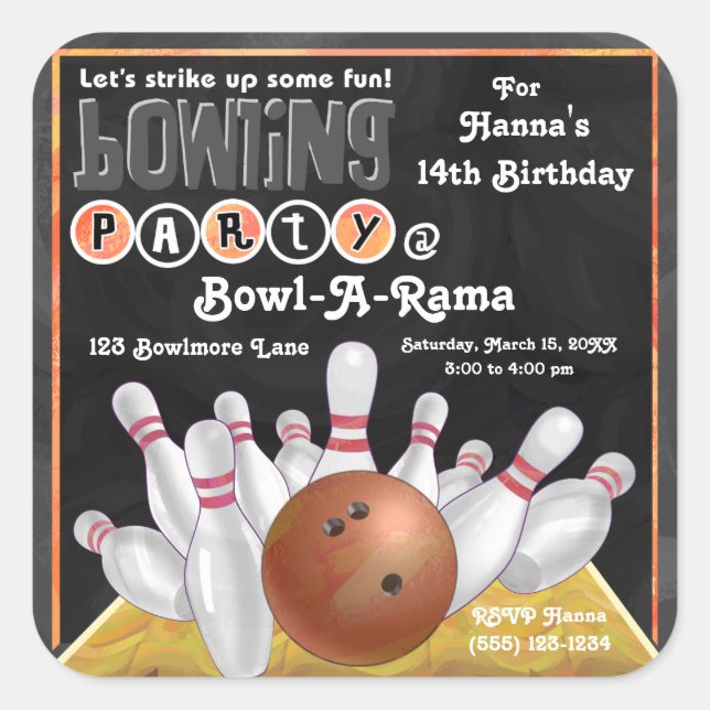 Orange Bowling Party Invite Sticker (Front)