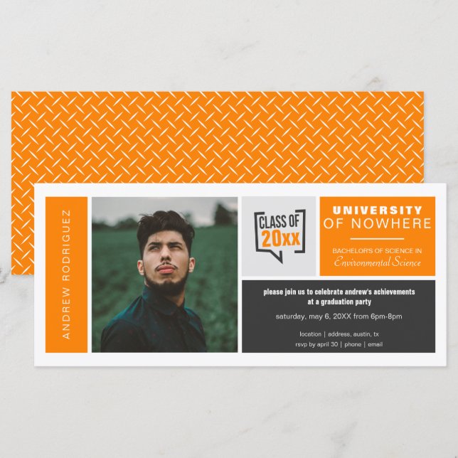 Orange Boxes & Photo Wide Graduation Invitation (Front/Back)