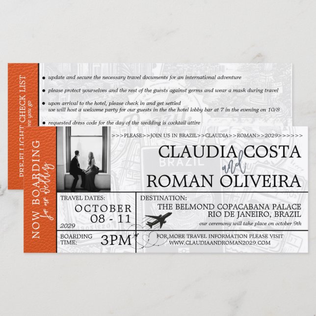 Orange Brazil Wedding Boarding Pass Invitation (Front/Back)
