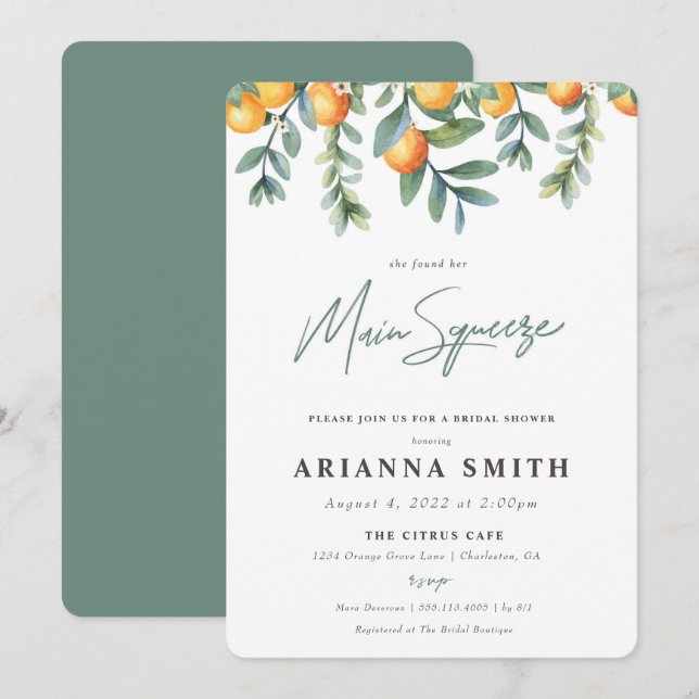 Orange Bridal Shower Invitation main squeeze (Front/Back)