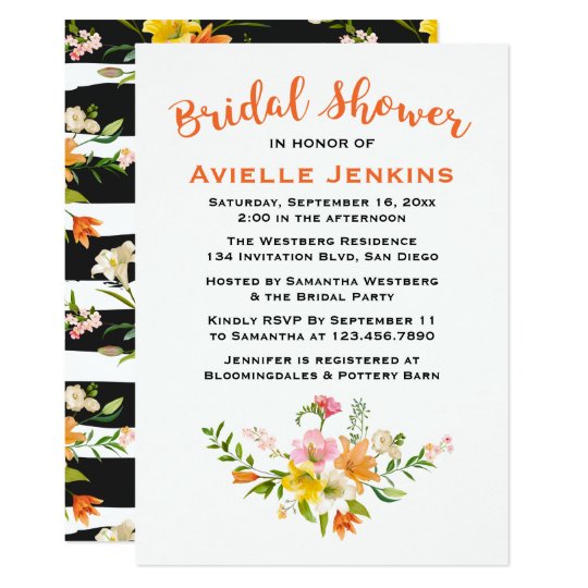 Orange Bridal Shower Lily Flowers Black Stripes Card