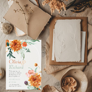 Orange Bright Boho Autumn Floral Wedding Invitation