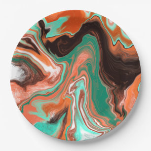 Orange Brown Abstract Art Birthday Party marble Paper Plate