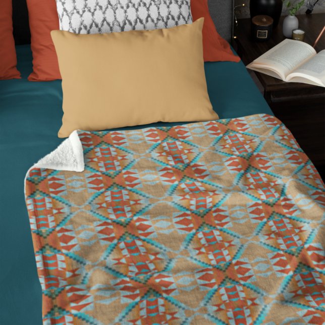 Orange Brown Aqua Turquoise Blue Tribal Art Fleece Blanket (Creator Uploaded)