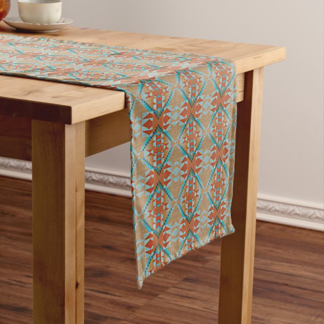Orange Brown Aqua Turquoise Blue Tribal Art Short Table Runner (In Situ)