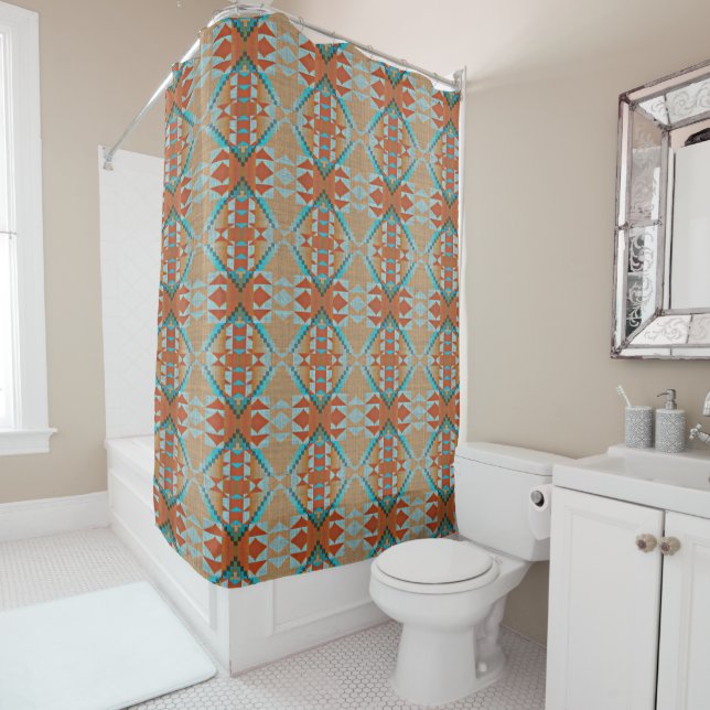 Orange Brown Aqua Turquoise Blue Tribal Art Shower Curtain (In Situ)