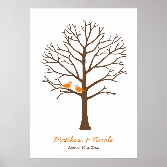 Orange Brown Birds Fingerprint Tree Wedding Poster (Front)