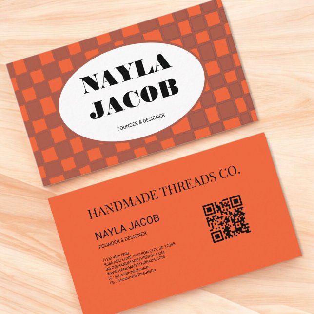 Orange Brown Chequerboard Pattern QR Code Handmade Business Card (Creator Uploaded)
