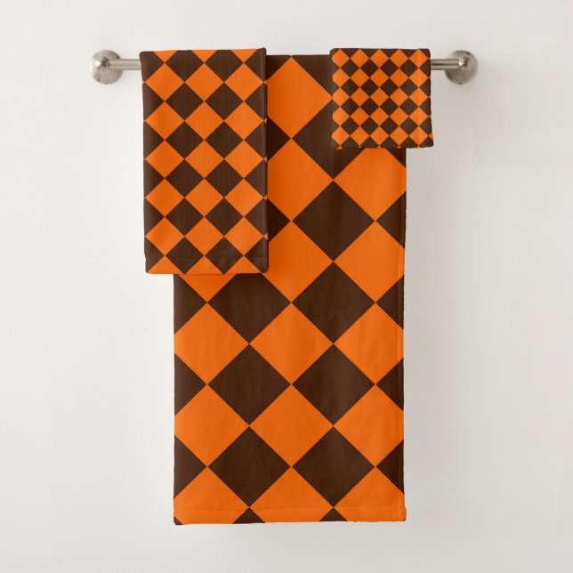 Orange Brown Diamond Chequered Pattern Bath Towel Set (Insitu)