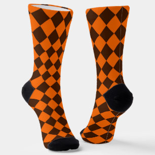 Orange Brown Diamond Chequered Pattern Crew Socks