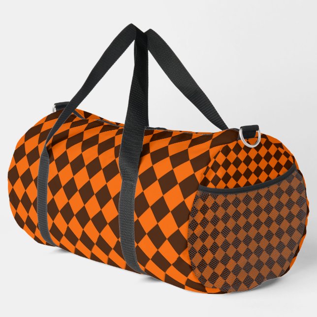 Orange Brown Diamond Chequered Pattern Duffle Bag (Right Corner)