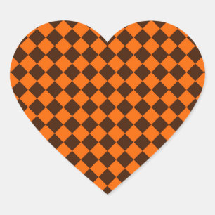 Orange Brown Diamond Chequered Pattern Heart Sticker