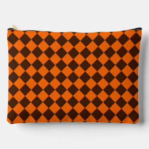Orange Brown Diamond Chequered Pattern Large Accessory Pouch