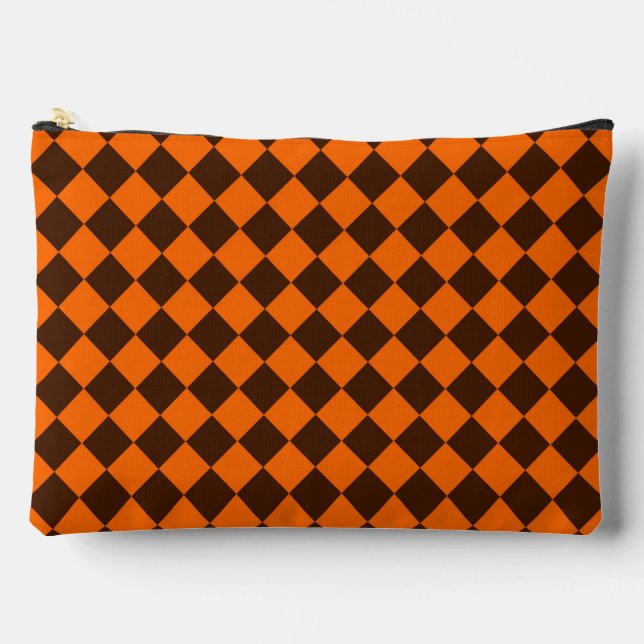 Orange Brown Diamond Chequered Pattern Large Accessory Pouch (Front)