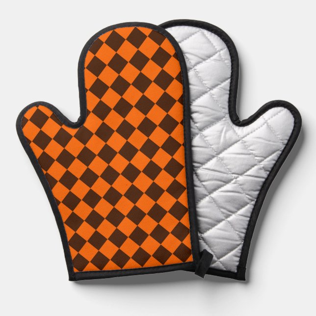 Orange Brown Diamond Chequered Pattern Oven Mitt (Front/Back)