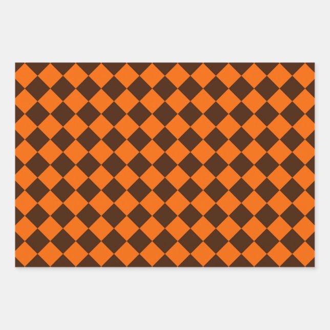 Orange Brown Diamond Chequered Pattern Wrapping Paper Sheet (Front)