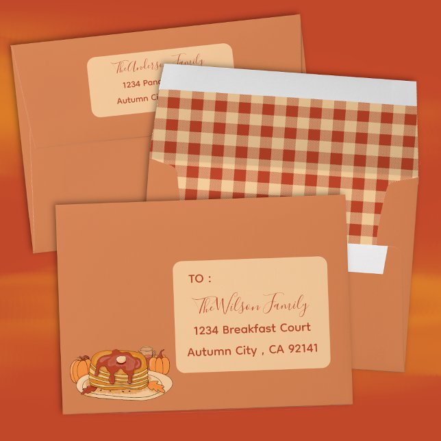 Orange-Brown Fall Envelope with Pancakes and Plaid (Orange-brown fall envelope with a watercolor pumpkin spice pancakes illustration and a plaid pattern)
