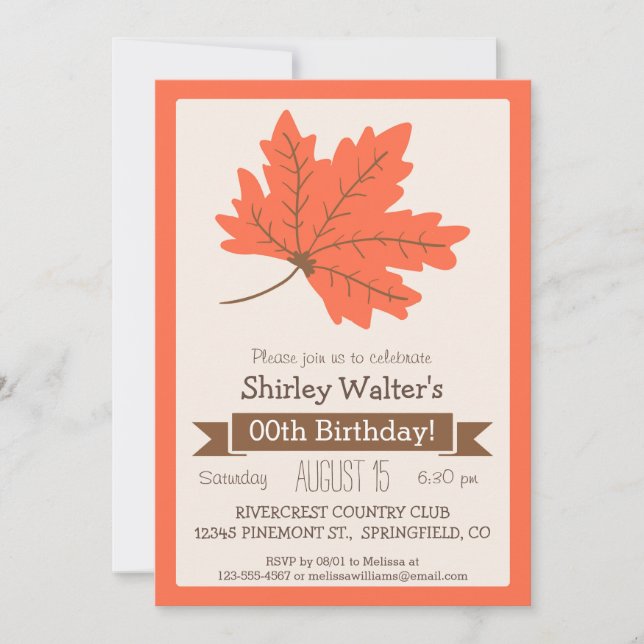 Orange & Brown Fall Leaf Adult Birthday Party Invitation (Front)