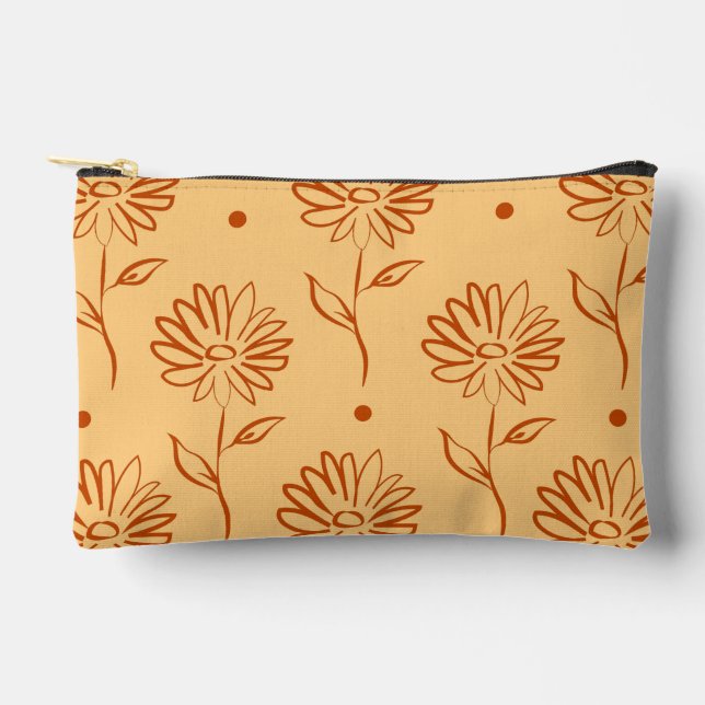 Orange Brown Flower Outline Pattern Accessory Pouch (Front)