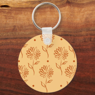 Orange Brown Flower Outlines Pattern Double-Sided Key Ring