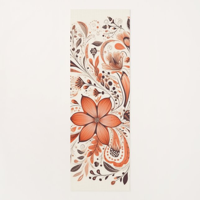 Orange Brown Folk Floral Yoga Mat (Front)