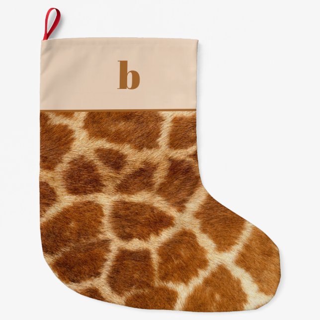 Orange Brown Giraffe Print Monogram Christmas Large Christmas Stocking (Front)