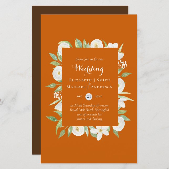 Orange Brown Magnolia Budget Wedding Invites A9 (Front/Back)