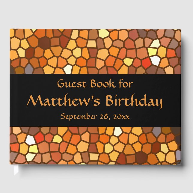 Orange Brown Mosaic Birthday Party Guest Book (Front)