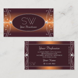 Orange Brown Ombre Ornate Sparkle Jewels Initials Business Card