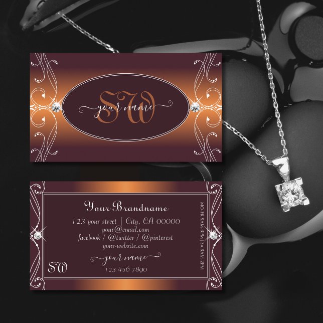 Orange Brown Ombre Ornate Sparkle Jewels Monogram Business Card (Creator Uploaded)