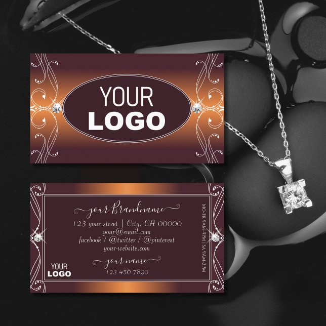 Orange Brown Ombre Ornate Sparkle Jewels with Logo Business Card (Creator Uploaded)