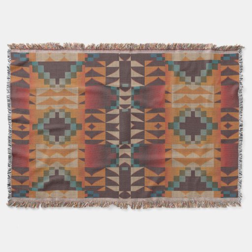 Image of Orange Brown Red Teal Blue Eclectic Ethnic Art Throw Blanket