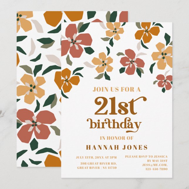 Orange & brown retro 70s Floral 21st Birthday Invitation (Front/Back)