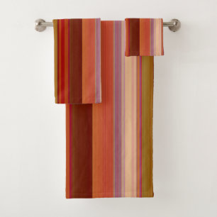 Orange Brown rust and Pink Stripes Bath Towel Set